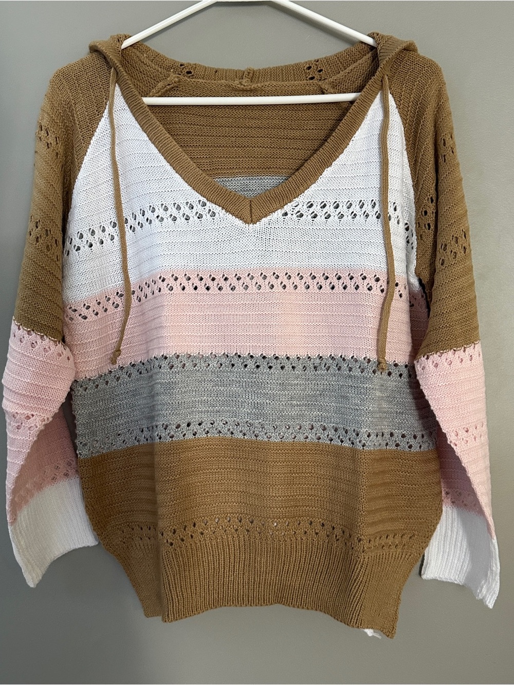 Cozy Striped Hooded Knit Sweater - Brown, White, Pink, Gray